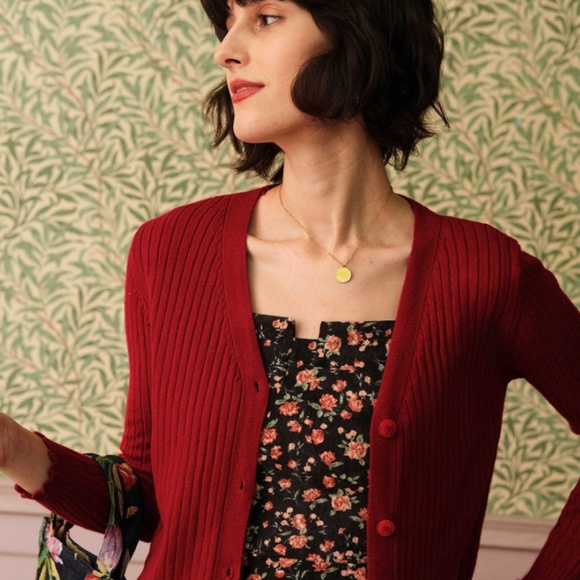 The solid V neck rubbed cardigan - Picture 2 of 2